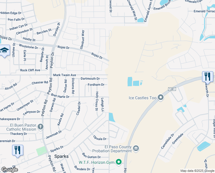 map of restaurants, bars, coffee shops, grocery stores, and more near 13198 Fordham Drive in El Paso