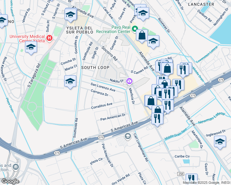 map of restaurants, bars, coffee shops, grocery stores, and more near 9360 San Lorenzo Avenue in El Paso