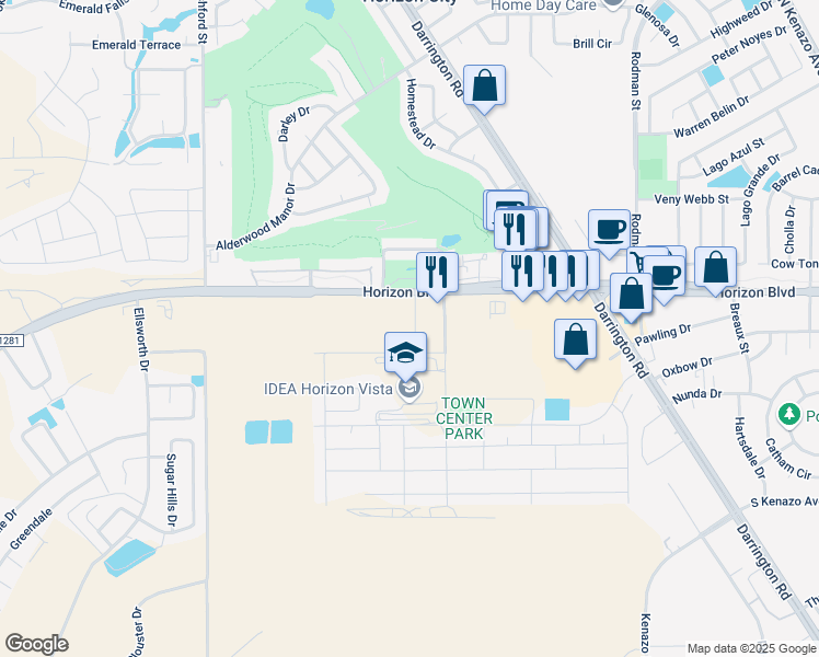 map of restaurants, bars, coffee shops, grocery stores, and more near 13033 Horizon Boulevard in Horizon City
