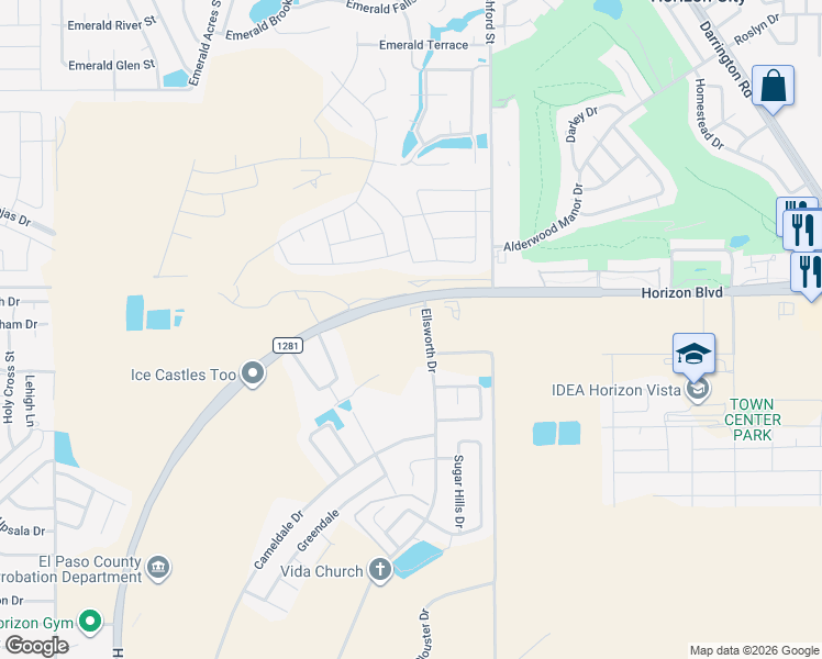 map of restaurants, bars, coffee shops, grocery stores, and more near 101 Ellsworth Dr in El Paso