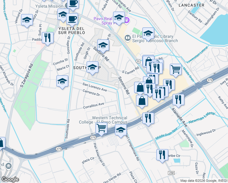 map of restaurants, bars, coffee shops, grocery stores, and more near in El Paso