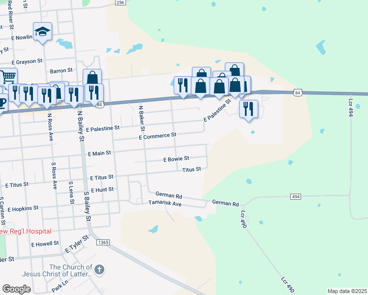 map of restaurants, bars, coffee shops, grocery stores, and more near 1326 East Main Street in Mexia