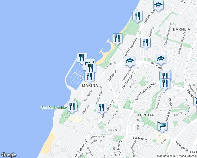 map of restaurants, bars, coffee shops, grocery stores, and more near 35 Yefe Nof Street in Ashkelon