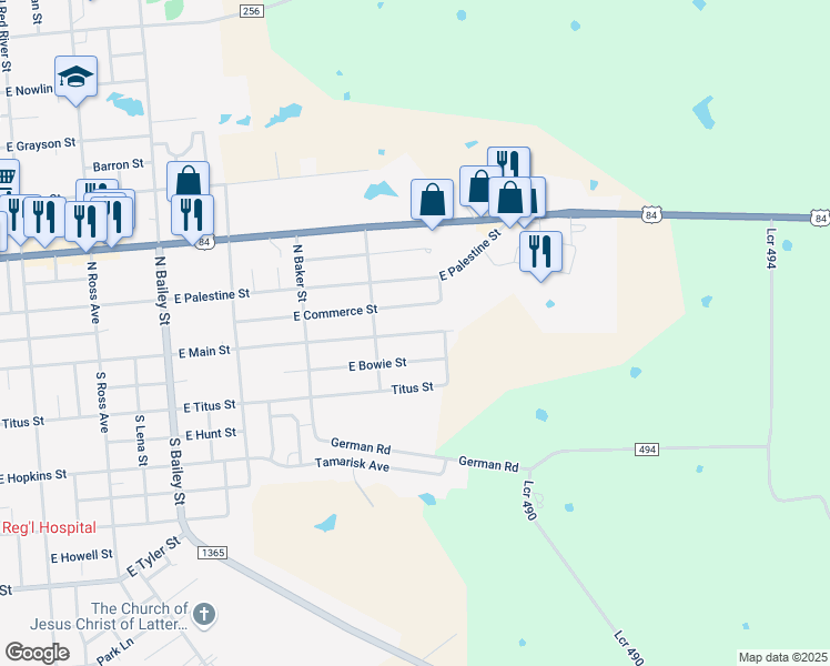 map of restaurants, bars, coffee shops, grocery stores, and more near 1326 East Main Street in Mexia