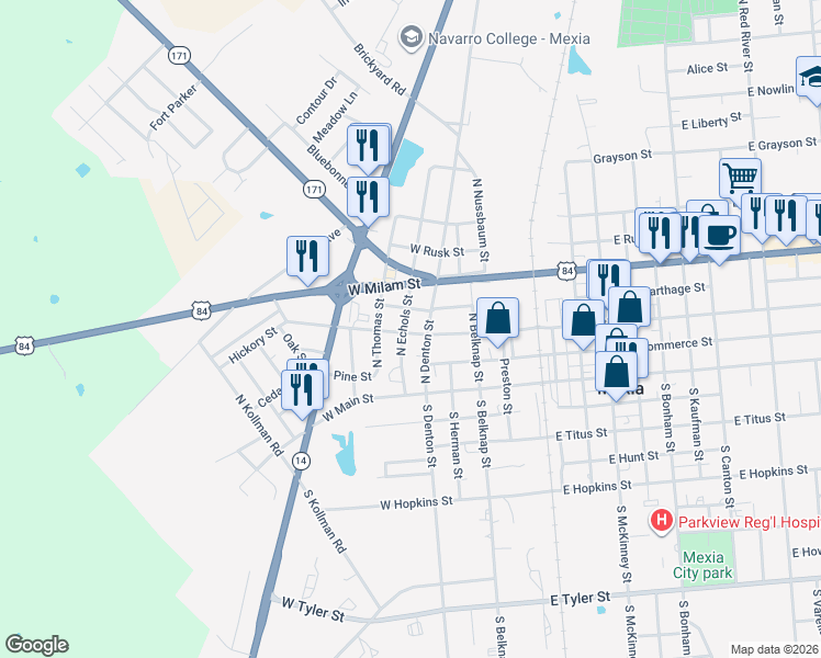 map of restaurants, bars, coffee shops, grocery stores, and more near 304 North Echols Street in Mexia