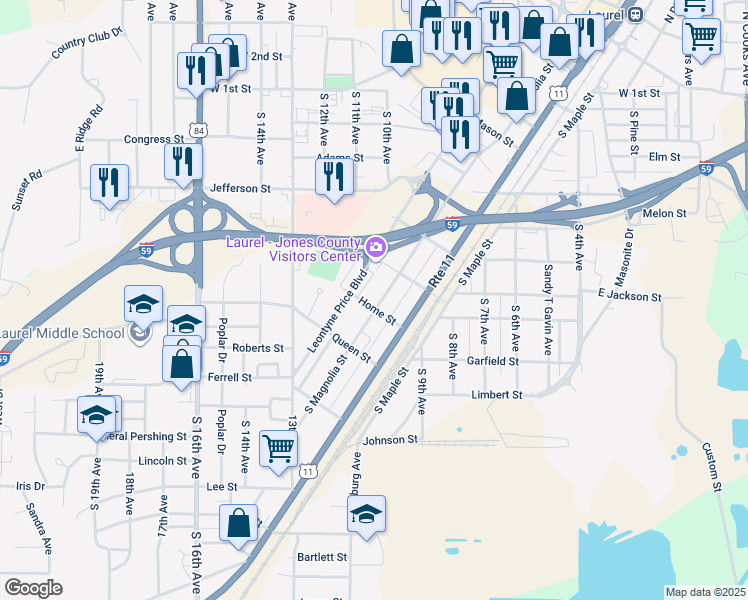 map of restaurants, bars, coffee shops, grocery stores, and more near 640 South Magnolia Street in Laurel
