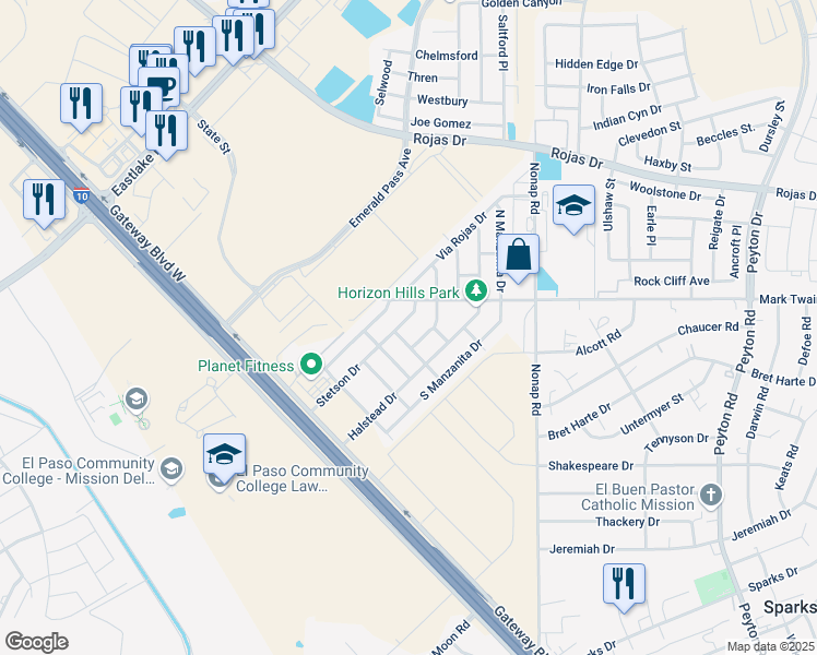 map of restaurants, bars, coffee shops, grocery stores, and more near 228 South Stoneside Drive in El Paso