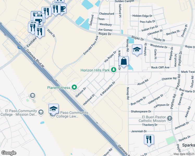map of restaurants, bars, coffee shops, grocery stores, and more near 228 South Stoneside Drive in El Paso