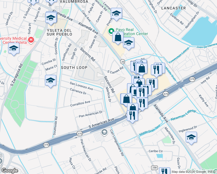 map of restaurants, bars, coffee shops, grocery stores, and more near 300 Yaya Lane in El Paso
