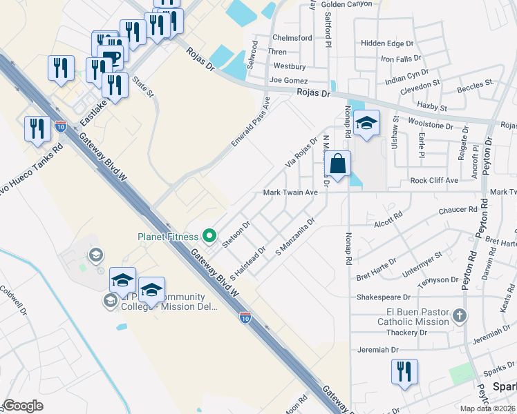 map of restaurants, bars, coffee shops, grocery stores, and more near 13847 Sunny Bank Way in El Paso