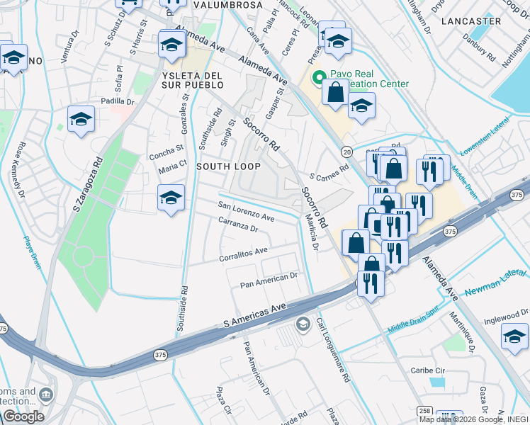 map of restaurants, bars, coffee shops, grocery stores, and more near 9360 San Lorenzo Avenue in El Paso