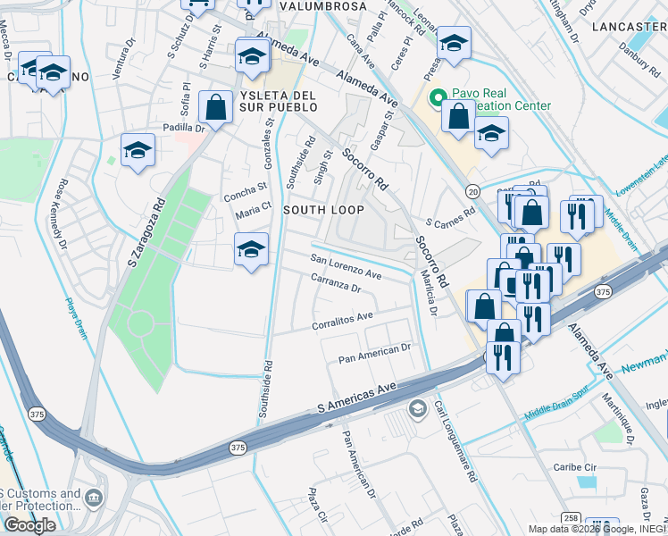 map of restaurants, bars, coffee shops, grocery stores, and more near 9236 Carranza Drive in El Paso