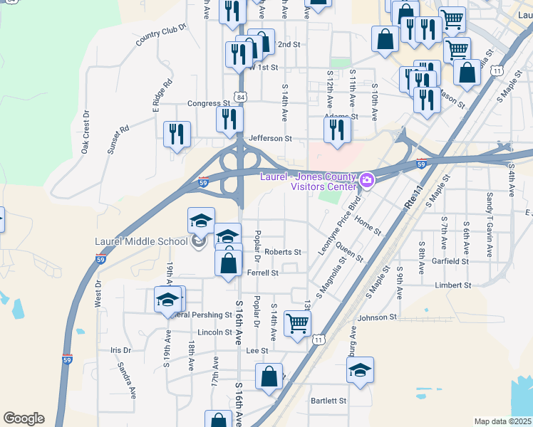 map of restaurants, bars, coffee shops, grocery stores, and more near 1400-1498 Queen Street in Laurel