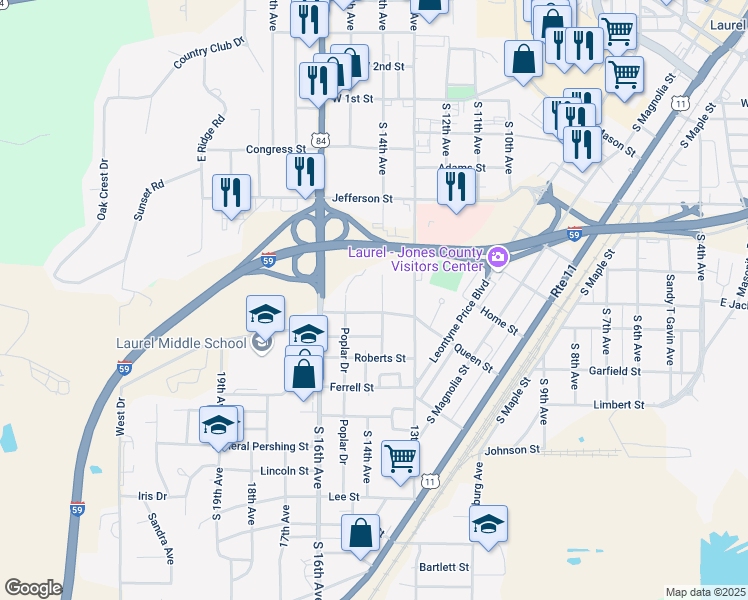 map of restaurants, bars, coffee shops, grocery stores, and more near 400-490 South 14th Avenue in Laurel