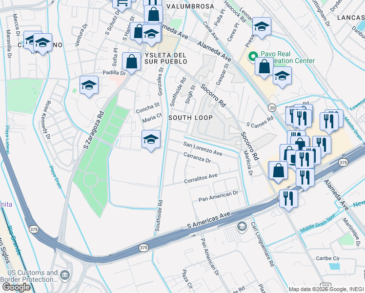 map of restaurants, bars, coffee shops, grocery stores, and more near 9235 San Lorenzo Avenue in El Paso
