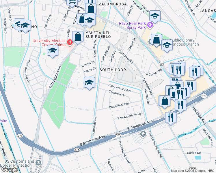 map of restaurants, bars, coffee shops, grocery stores, and more near 9235 San Lorenzo Avenue in El Paso