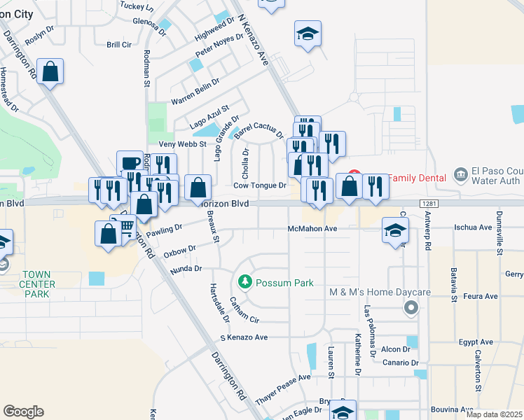map of restaurants, bars, coffee shops, grocery stores, and more near 14124 Cow Tongue Drive in Horizon City