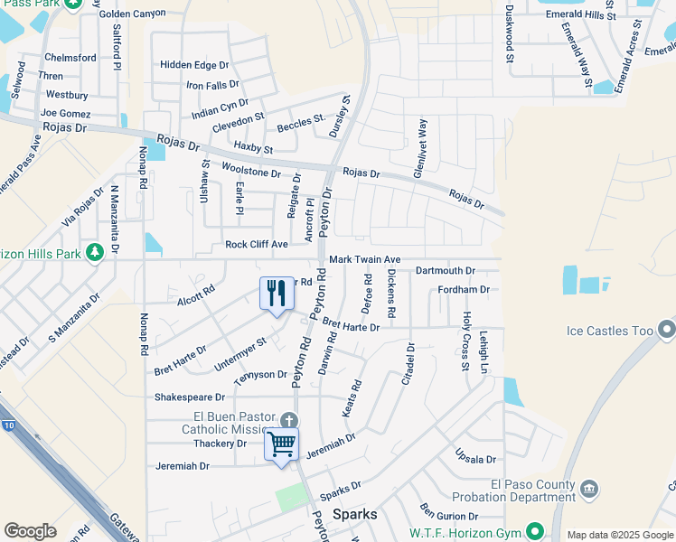 map of restaurants, bars, coffee shops, grocery stores, and more near 100 Peyton Road in El Paso
