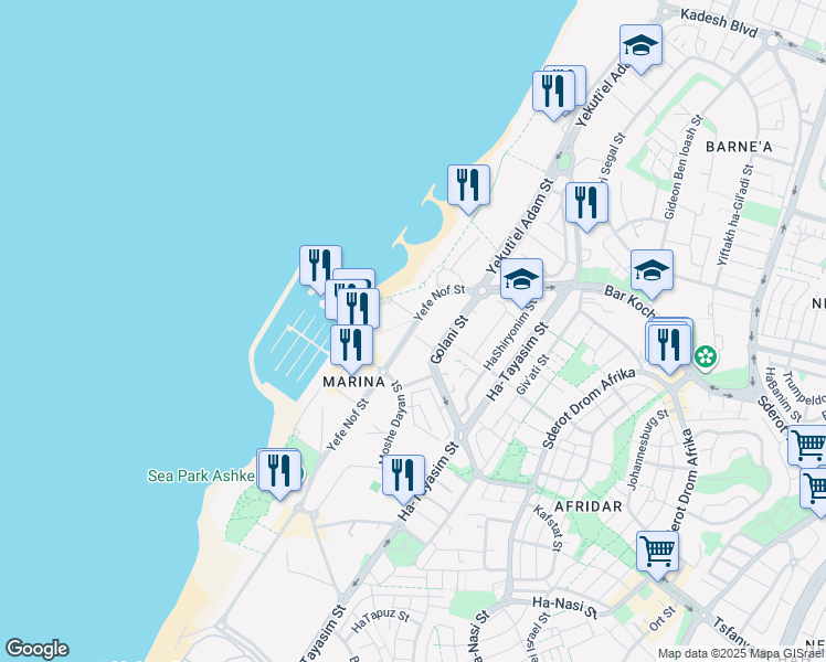 map of restaurants, bars, coffee shops, grocery stores, and more near 39 Yefe Nof Street in Ashkelon