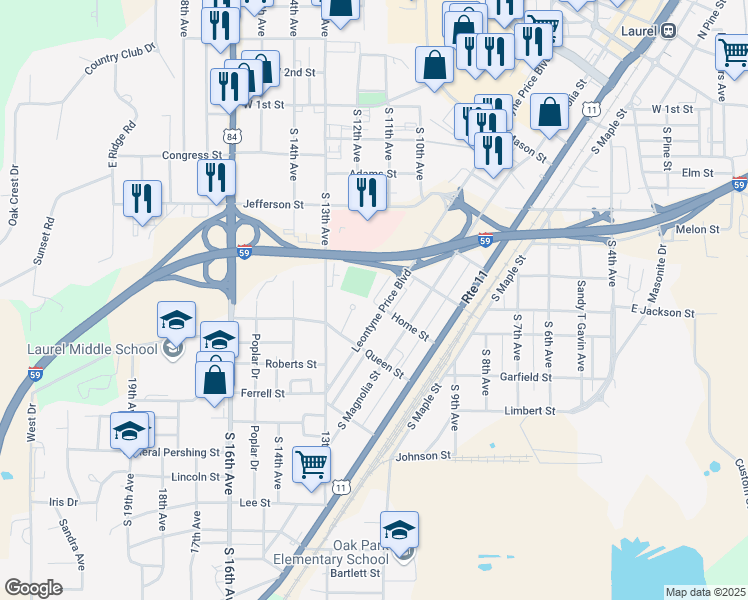 map of restaurants, bars, coffee shops, grocery stores, and more near Park Street in Laurel