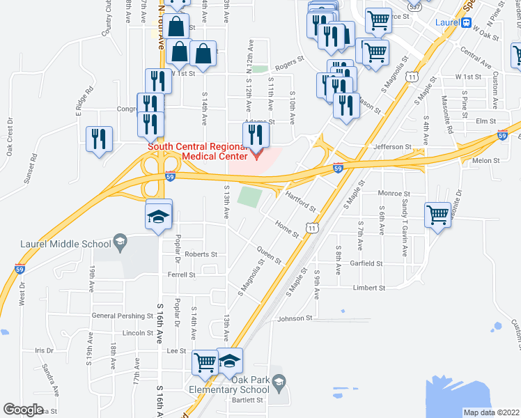 map of restaurants, bars, coffee shops, grocery stores, and more near Park Street in Laurel