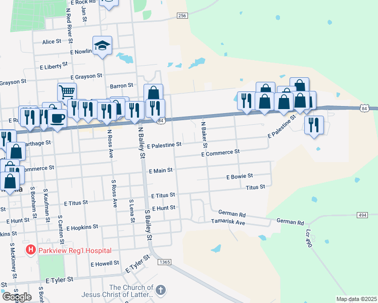 map of restaurants, bars, coffee shops, grocery stores, and more near 1128 East Palestine Street in Mexia