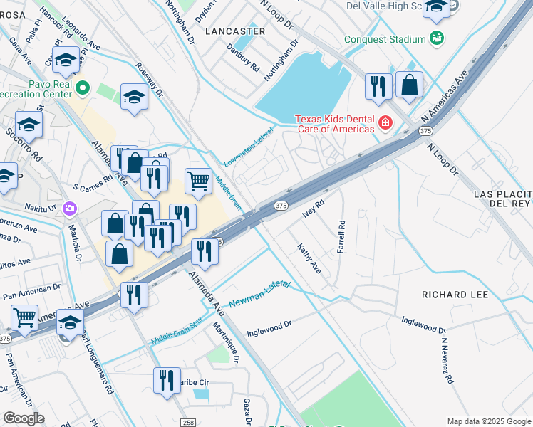 map of restaurants, bars, coffee shops, grocery stores, and more near 325 North Americas Avenue in El Paso