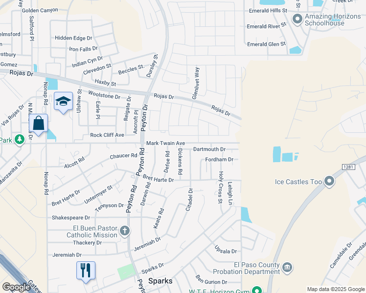 map of restaurants, bars, coffee shops, grocery stores, and more near 100 Dickens Road in El Paso