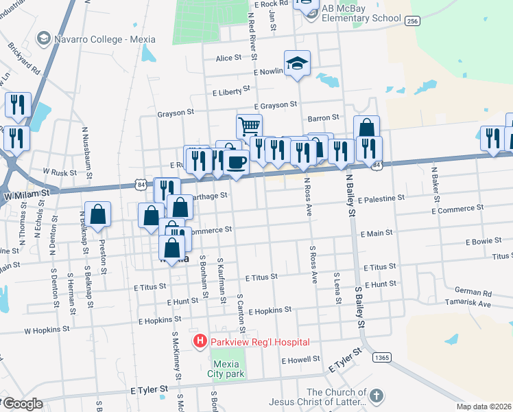 map of restaurants, bars, coffee shops, grocery stores, and more near 314 North Kenedy Street in Mexia