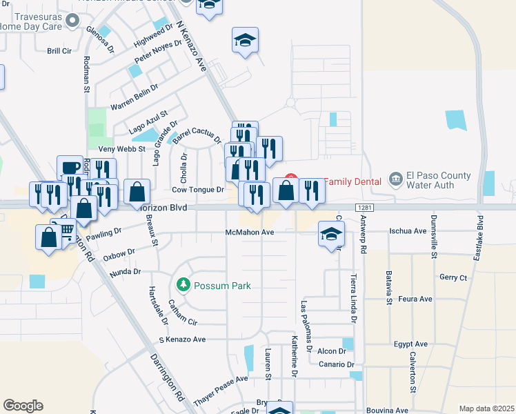 map of restaurants, bars, coffee shops, grocery stores, and more near 14286 Horizon Boulevard in Horizon City