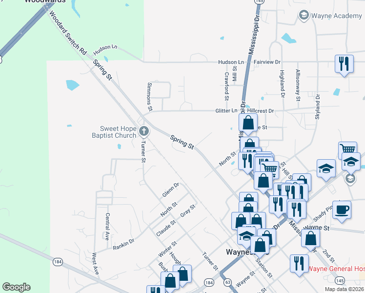 map of restaurants, bars, coffee shops, grocery stores, and more near 1142-1204 Spring Street in Waynesboro
