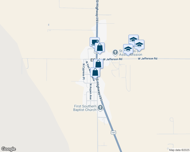map of restaurants, bars, coffee shops, grocery stores, and more near 10348 U.S. 191 in Elfrida