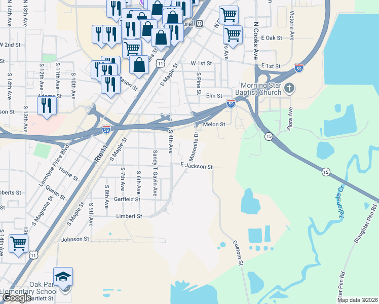 map of restaurants, bars, coffee shops, grocery stores, and more near 862 Masonite Drive in Laurel