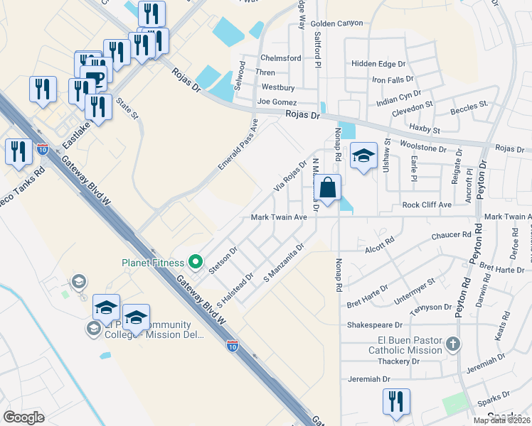 map of restaurants, bars, coffee shops, grocery stores, and more near 12629 Mark Twain Avenue in El Paso