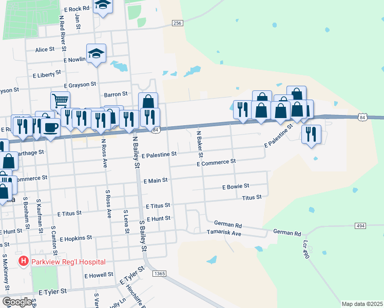 map of restaurants, bars, coffee shops, grocery stores, and more near 1128 East Palestine Street in Mexia