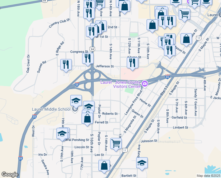 map of restaurants, bars, coffee shops, grocery stores, and more near 400 South 14th Avenue in Laurel