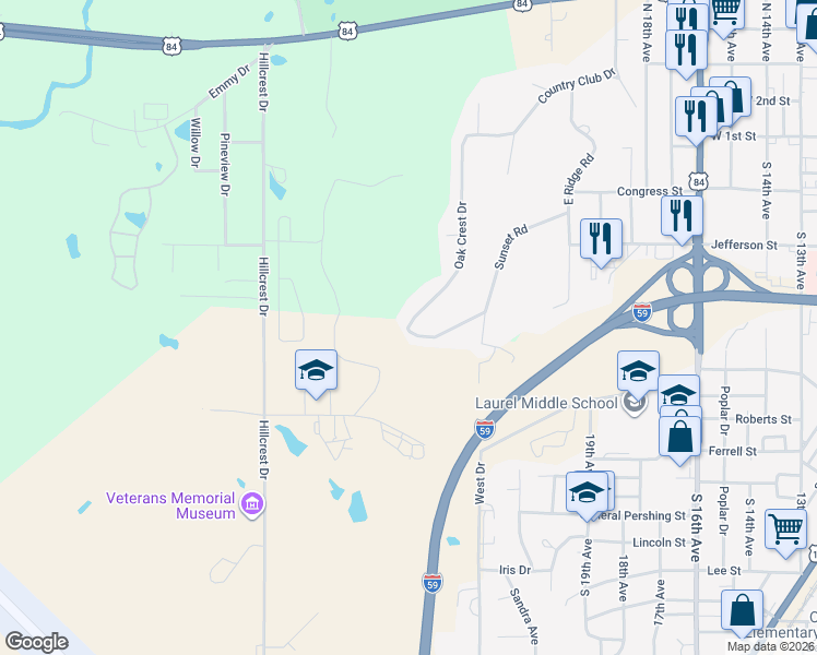 map of restaurants, bars, coffee shops, grocery stores, and more near 99 Oak Crest Drive in Laurel