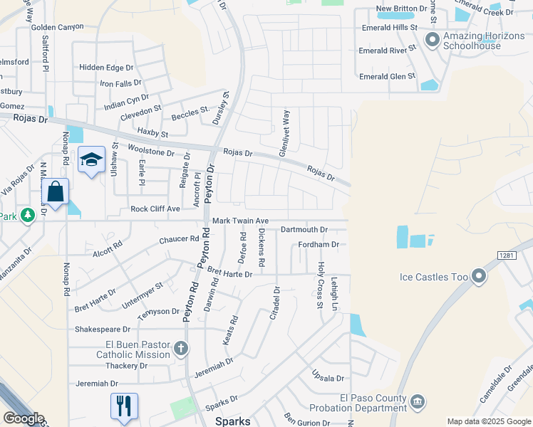 map of restaurants, bars, coffee shops, grocery stores, and more near 100 Dickens Road in El Paso