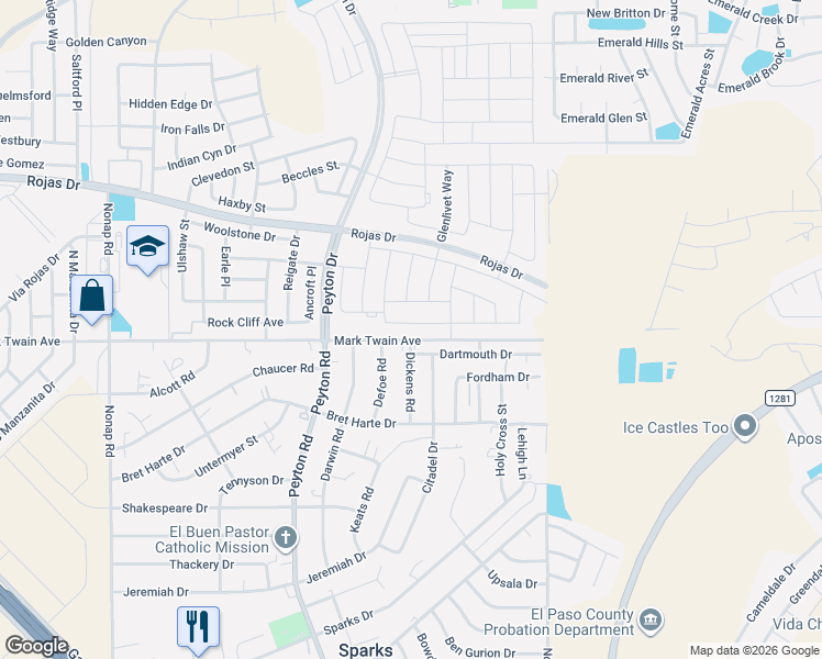 map of restaurants, bars, coffee shops, grocery stores, and more near 100 Dickens Road in El Paso