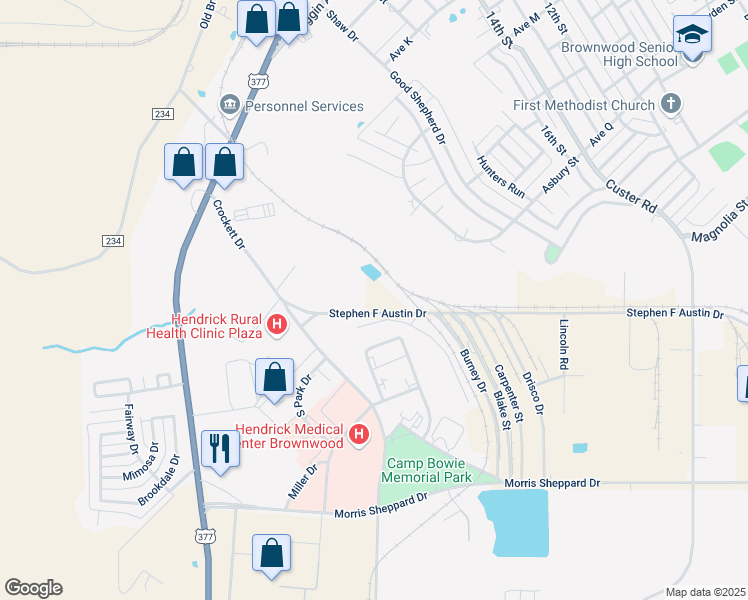map of restaurants, bars, coffee shops, grocery stores, and more near 2508 Stephen F Austin Drive in Brownwood