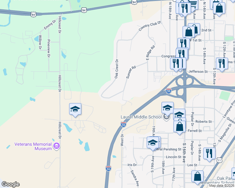 map of restaurants, bars, coffee shops, grocery stores, and more near 27 Sunset Road in Laurel