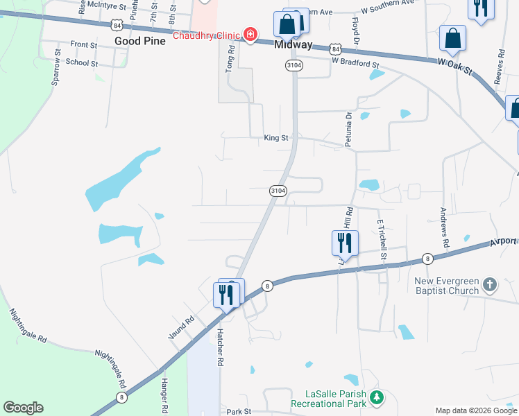 map of restaurants, bars, coffee shops, grocery stores, and more near 1859 West Trichell Street in Jena