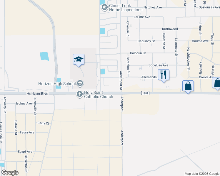 map of restaurants, bars, coffee shops, grocery stores, and more near 14701-14771 Farm-To-Market Road 1281 in Horizon City