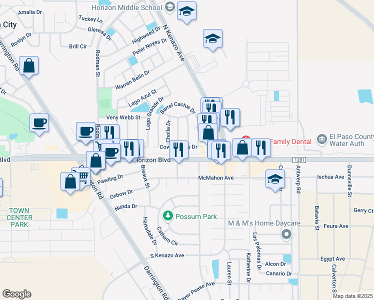 map of restaurants, bars, coffee shops, grocery stores, and more near 14124 Cow Tongue Drive in Horizon City