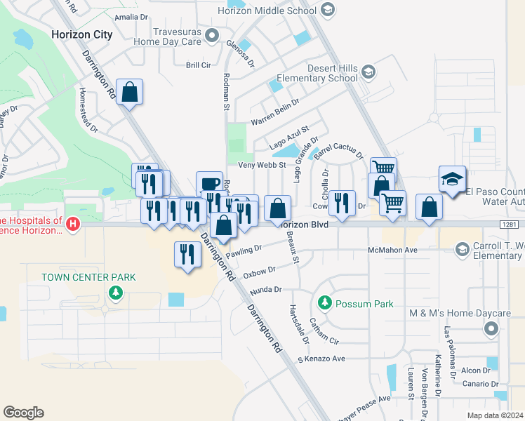 map of restaurants, bars, coffee shops, grocery stores, and more near 13984 Lago Seco Drive in El Paso