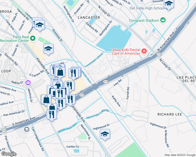 map of restaurants, bars, coffee shops, grocery stores, and more near 325 North Americas Avenue in El Paso