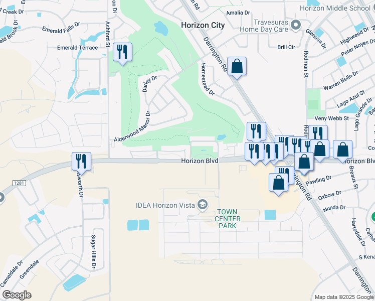 map of restaurants, bars, coffee shops, grocery stores, and more near 13033 Horizon Boulevard in Horizon City