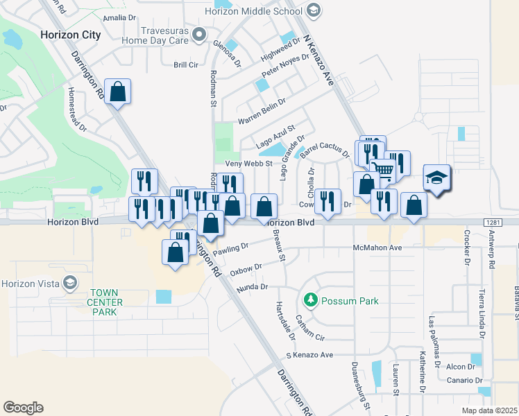 map of restaurants, bars, coffee shops, grocery stores, and more near 13996 Lago Seco Drive in Horizon City