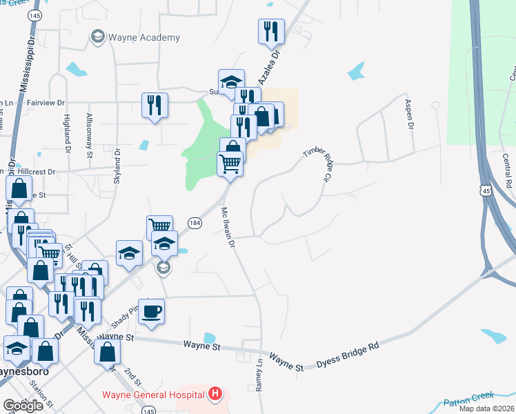 map of restaurants, bars, coffee shops, grocery stores, and more near 184-198 Timber Ridge Circle in Waynesboro