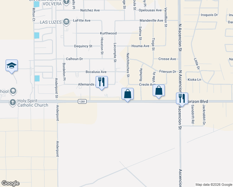 map of restaurants, bars, coffee shops, grocery stores, and more near 14871 Horizon Boulevard in El Paso